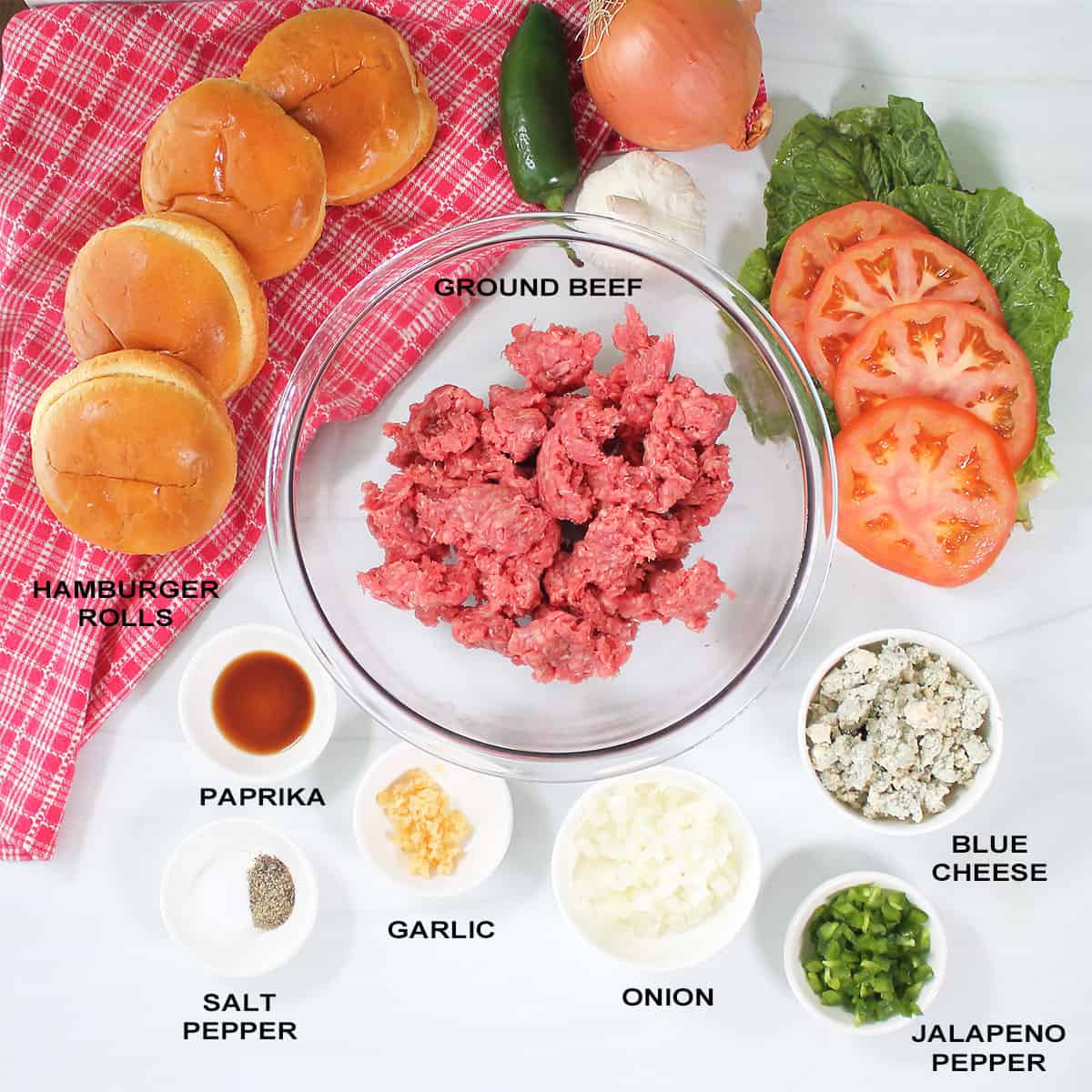 Ingredients for blue cheese burgers recipe.