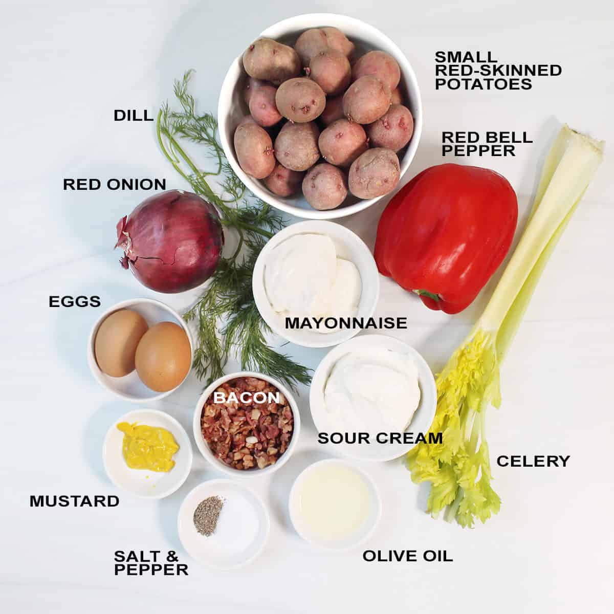 Red Dill Potato Salad ingredients.