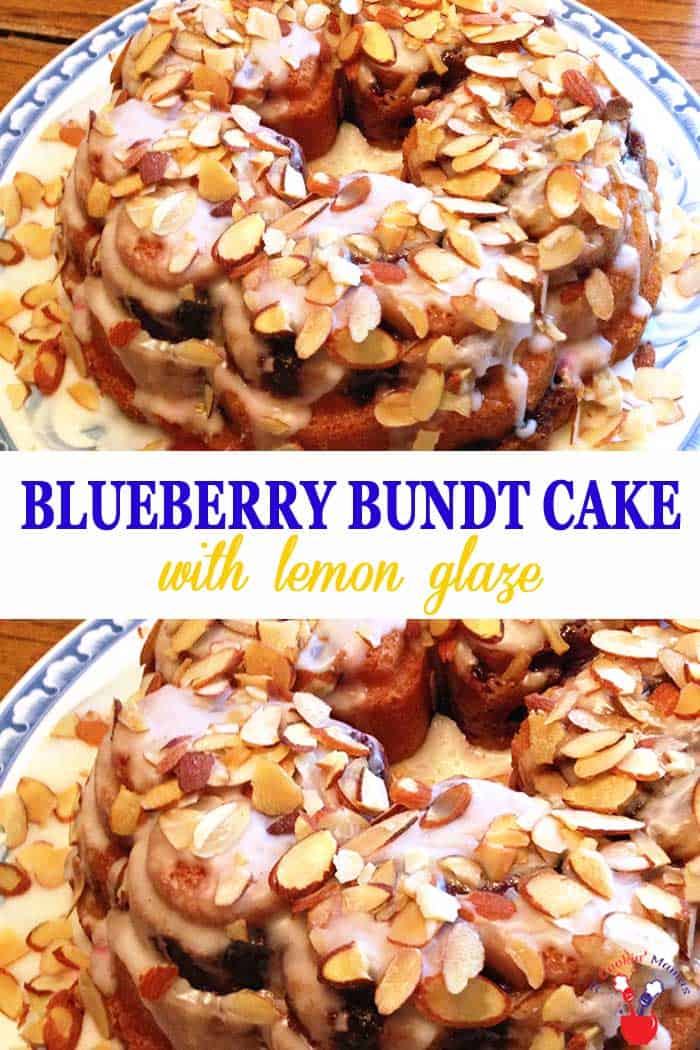 This Blueberry Bundt Cake is a rich, dense cream cheese cake flavored with almond and loaded with fresh blueberries. It's kicked up a notch with a drizzle of lemon glaze & a sprinkling of almonds. Delicious for dessert or even breakfast! #cake #blueberrycake #bundtcake #blueberries #breakfast #dessert