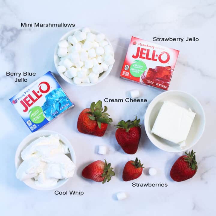 Jello Salad ingredients with labels.
