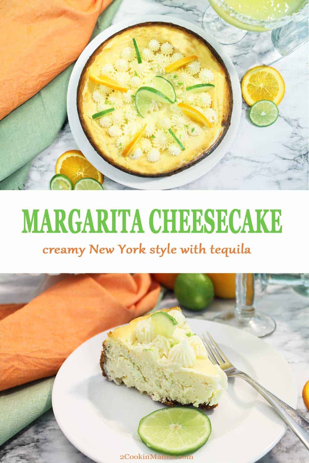 Margarita Cheesecake | 2 Cookin Mamas Creamy and rich Margarita Cheesecake has all the flavors of your favorite margarita. A New York style cheesecake made with the traditional cream cheese and sour cream then flavored with orange and lime zest and a few shots of tequila and Grand Marnier. The perfect dessert for the warm days of summer and a delicious addition to any Cinco de Mayo celebration. #cheesecake #margarita #NewYork #recipe #dessert #homemade