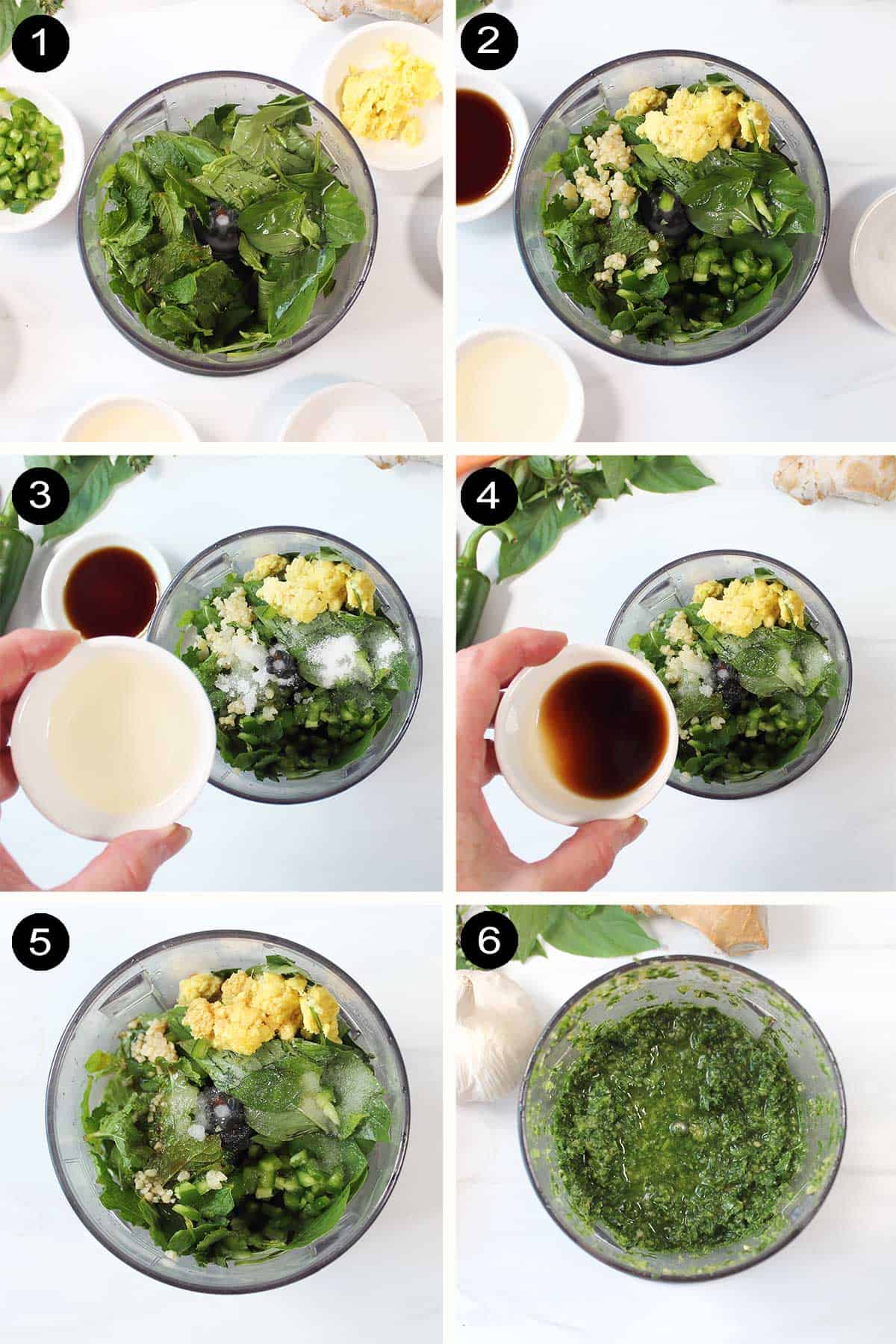 Prep steps for Thai basil pesto.