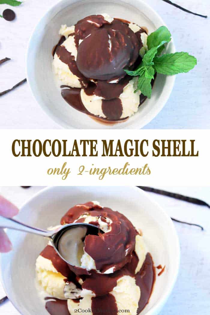 Chocolate Magic Shell | 2 Cookin Mamas This easy to make 2-ingredient magic chocolate shell is the most delicious way to take ice cream to the next level. It combines chocolate and coconut oil that magically hardens when it meets cold ice cream. A treat the kids (and big kids too) are sure to love! #icecreamtopper #chocolate #icecream #easyrecipe #coconutoil #dessert