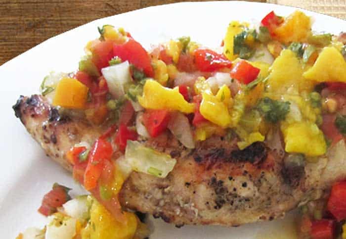 Grilled Chicken with Mango Salsa closeup | 2 Cookin Mamas