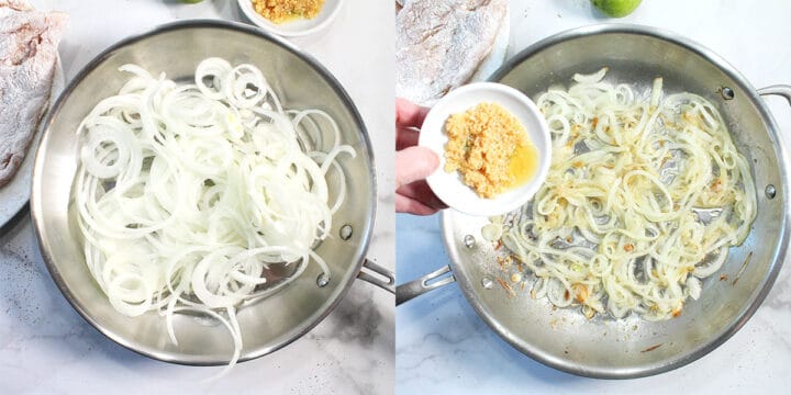 Preparing onions by cooking in skillet.