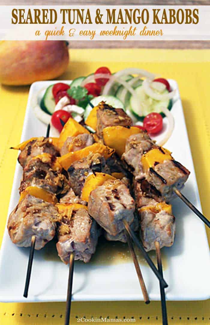 Seared Tuna and Mango Kabobs | 2 Cookin Mamas It's summertime! Get your grill on with these quick & easy seared tuna and mango kabobs. Chunks of juicy, tender ahi tuna are skewered with fresh sweet mango chunks for a health, delicious weeknight dinner. #grilling #tuna #kabobs #dinner #recipe #mango