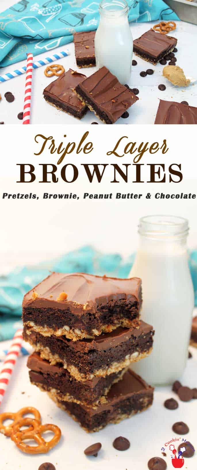 Triple Layer Brownies | 2 Cookin Mamas Get that sweet and salty taste in our easy triple layer brownies recipe! Start with a boxed mix, some pretzels, peanut butter & chocolate. So easy & so delicious!