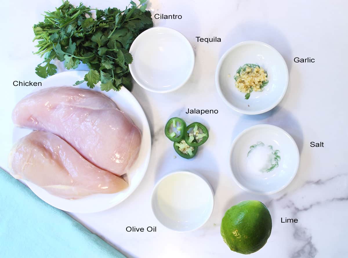 Ingredients for tequila chicken on white marble table.