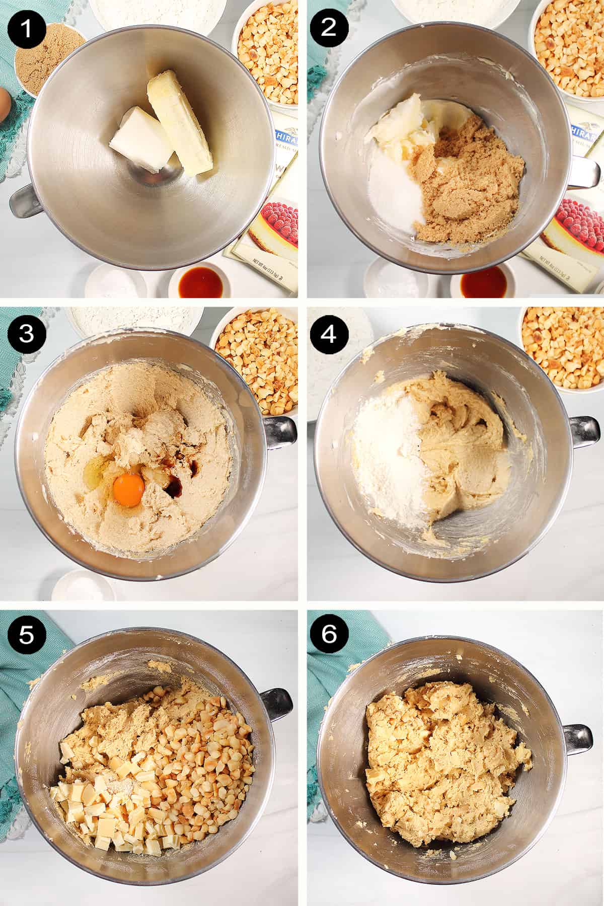 Steps to make macadamia nut and white chocolate cookies.
