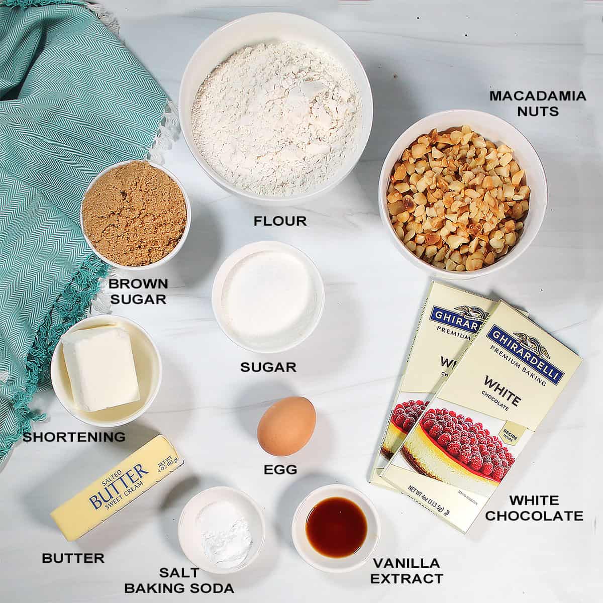Ingredients for white chocolate macadamia nut cookie recipe.