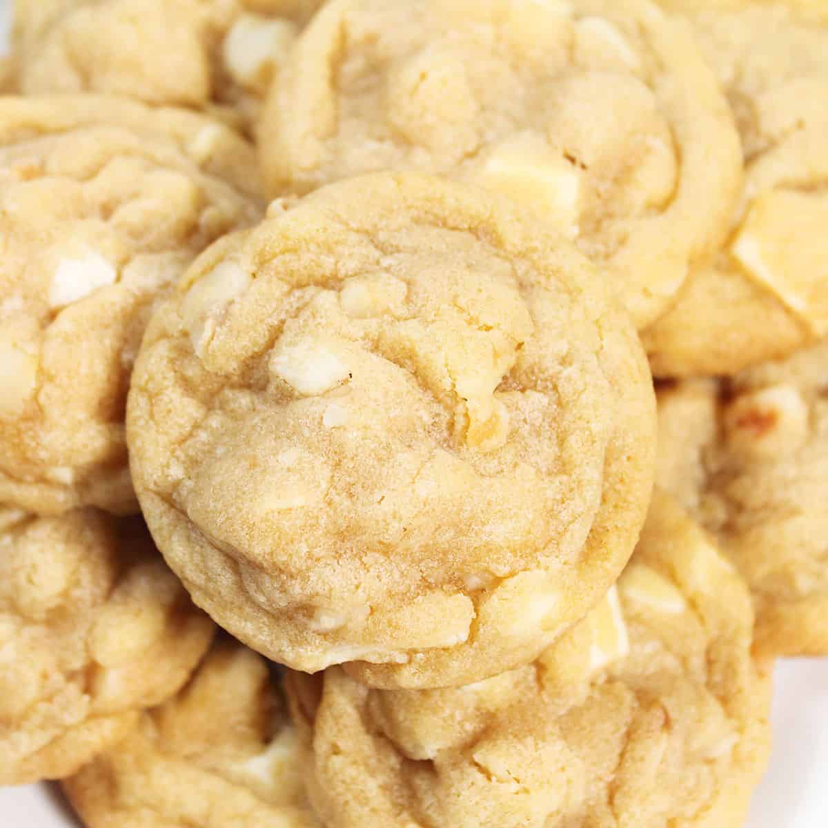 Closeup of white chocolate macadamia cookies.
