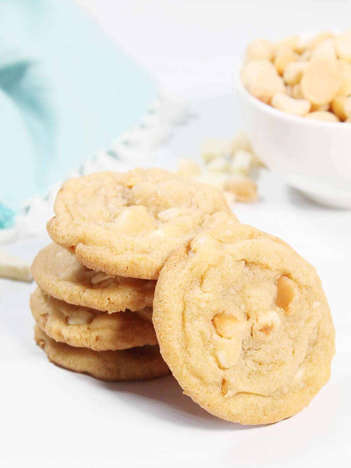 Stacked White chocolate Macadamia Nut Cookies.