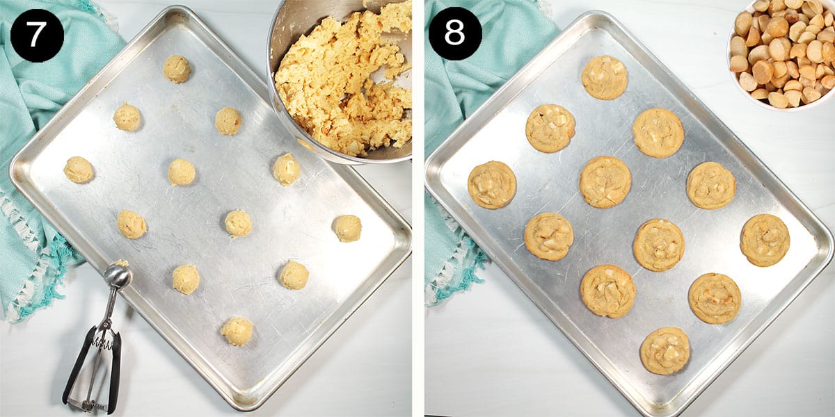 Unbaked and baked macadamia cookies on cookie sheet.