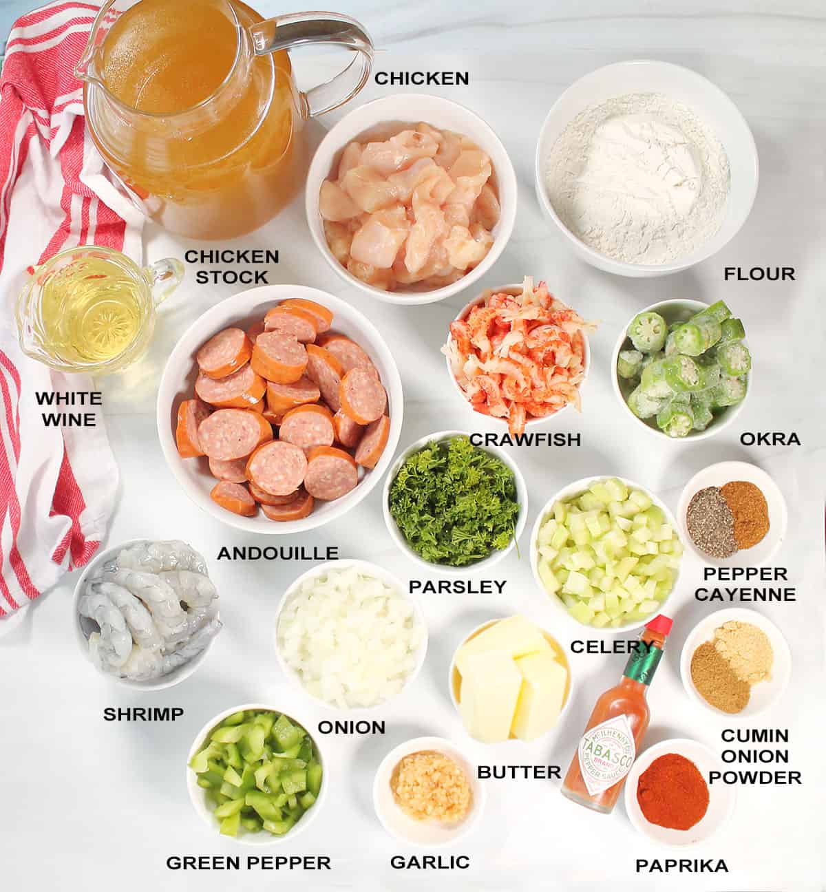 Ingredients for chicken, shrimp and sausage gumbo.