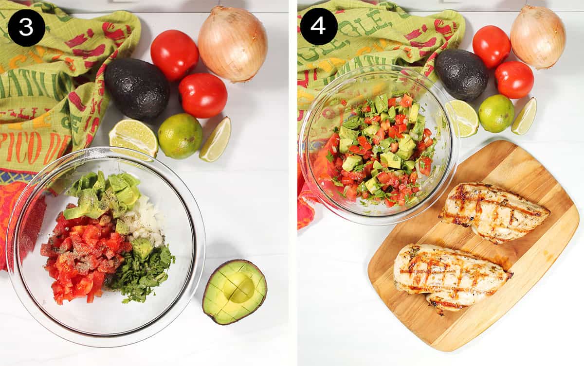 Prepping salsa and grilling chicken.