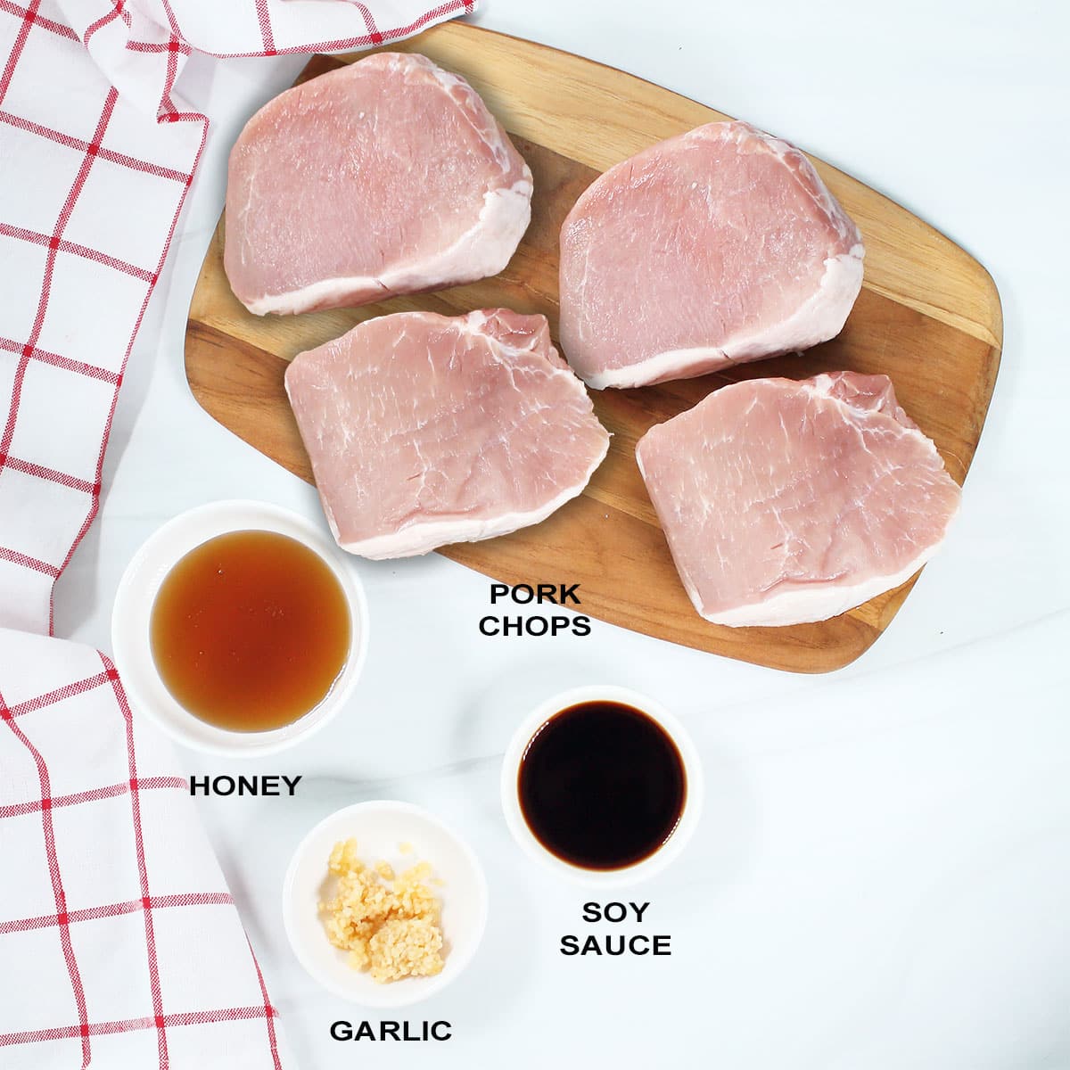 Ingredients for honey garlic pork chops recipe.