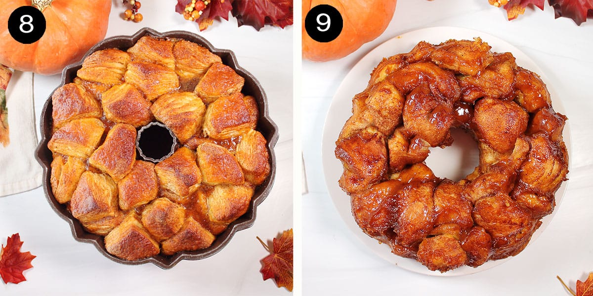 Unbaked and baked pumpkin monkey bread in bundt pan.