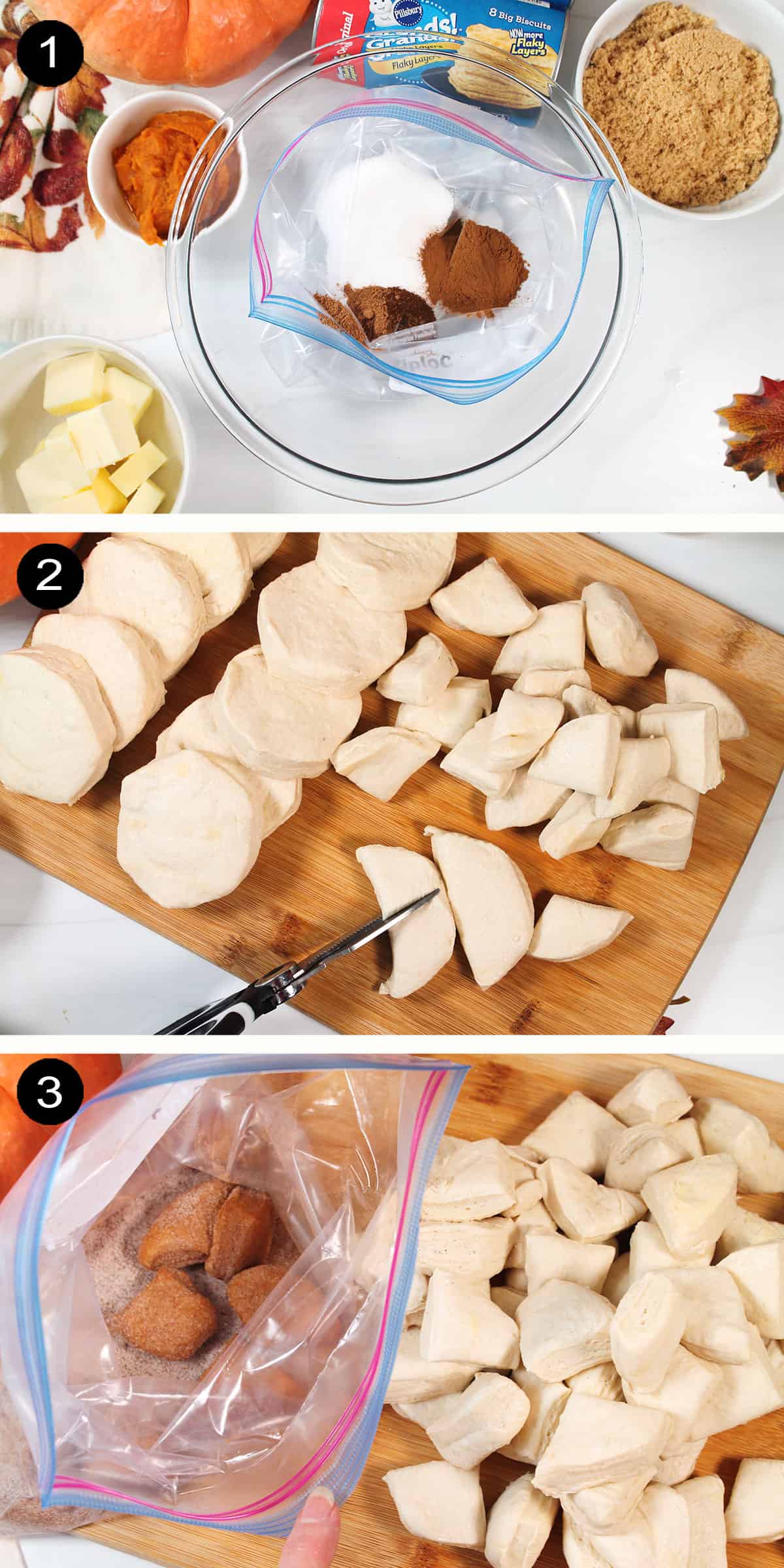 Cutting biscuits and shaking with spiced sugar.