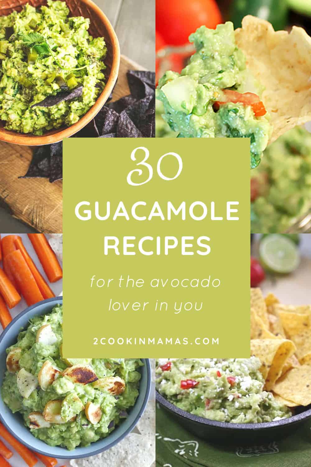 4 guacamole photos with text overlay stating 30 guacamole recipes for the avocado lover in you.