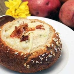 Baked Potato Soup in bread bowl square | 2 Cookin Mamas