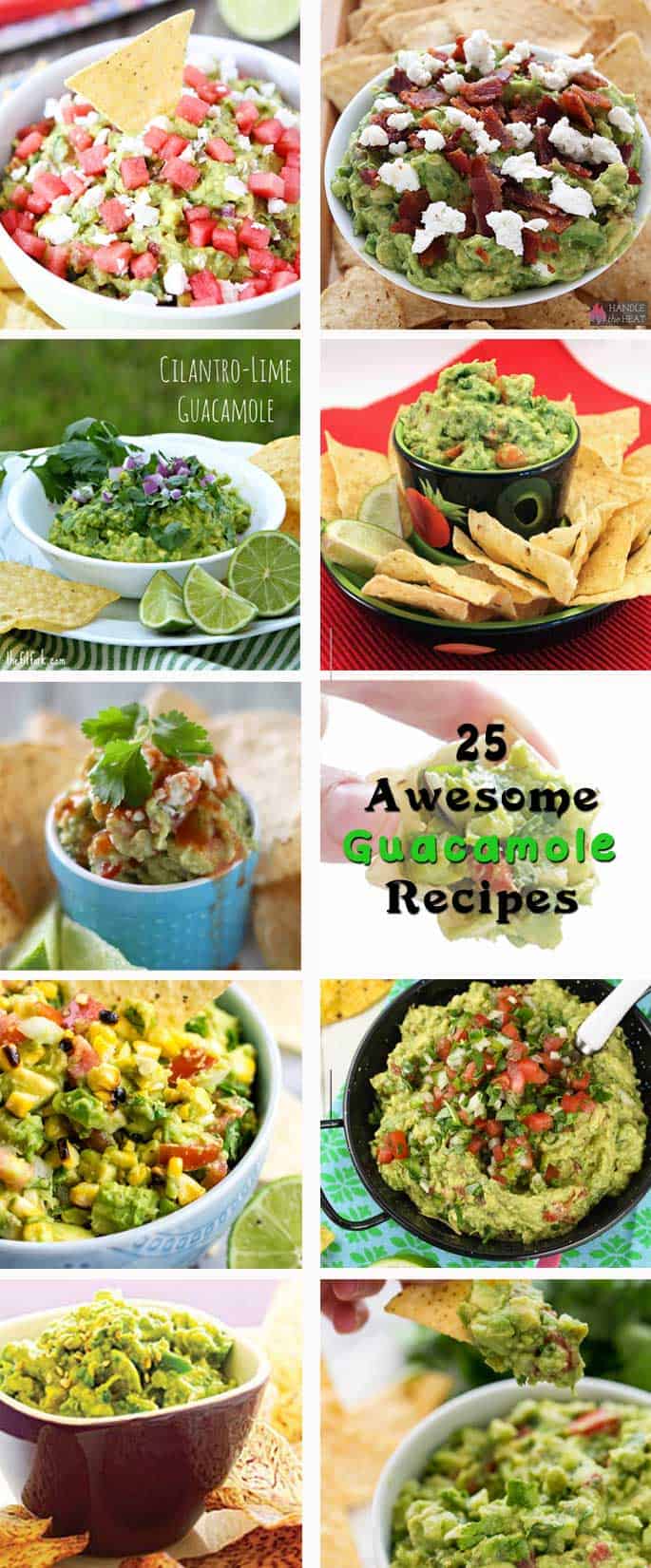 A roundup of 25 awesome guacamole recipes from our favorite bloggers. Everything from grilled to goat cheese to garlic. There is sure to be one you'll love! #guacamole