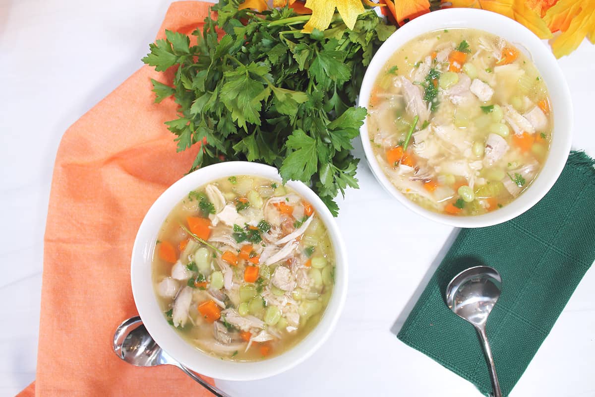 Overhead of two bowls of turkey pastina soup.