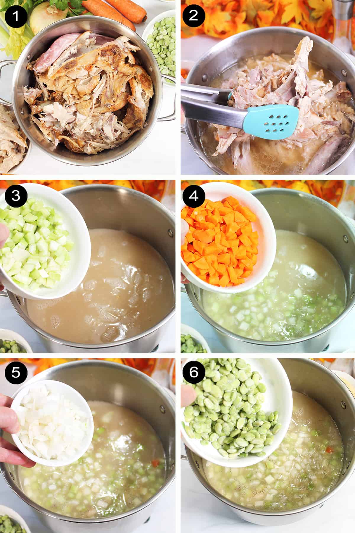 Collage of steps 1-6 to make turkey vegetable soup.