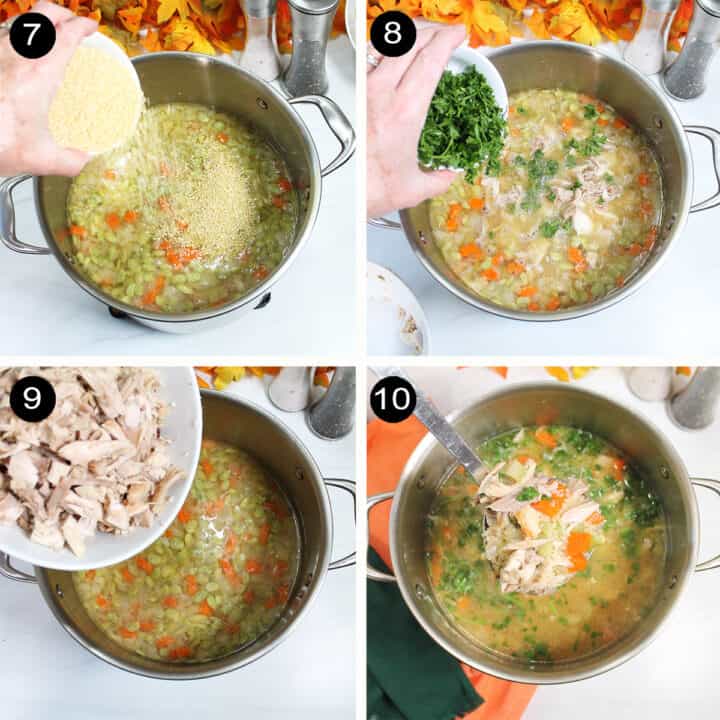 Collage of steps 7-10 to finish turkey soup from carcass.