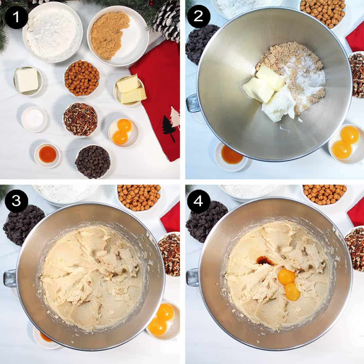 Collage of steps 1-4 to make cheesecake cookies.