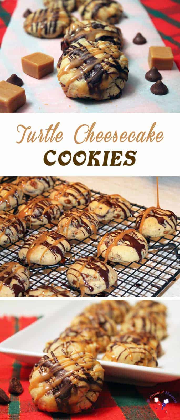 Rich & delicious turtle cheesecake cookies baked with caramel filled chocolate pieces & pecans then drizzled with chocolate & gooey caramel. #cookies #Christmascookies #caramel #cheesecakecookies