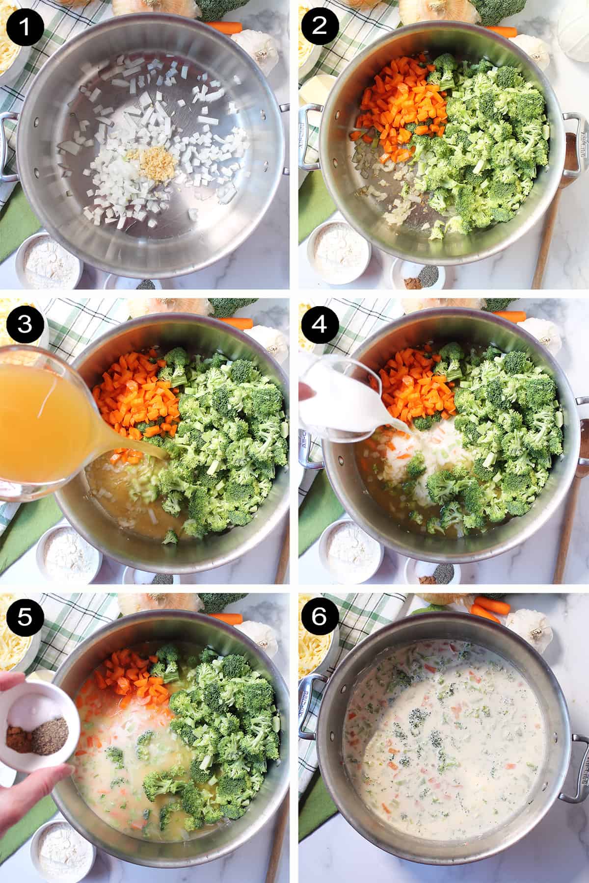 Collage of steps to make Broccoli Cheddar Soup.
