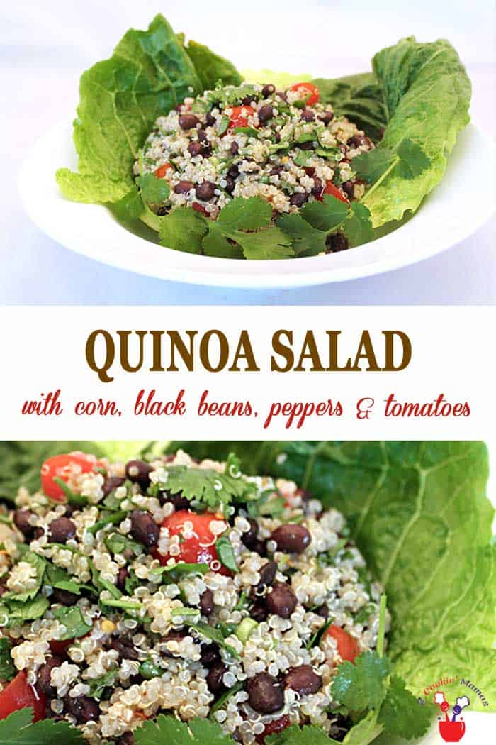 Hearty Quinoa Salad | 2 Cookin Mamas This healthy quinoa salad goes together quick and easy. Mix with corn, black beans, bell peppers and tomatoes then kick it up with chili powder and cayenne pepper to give you a meal packed with protein and ⅓ of your vegetable RDA. #salad #healthyeating #quinoa #blackbeans