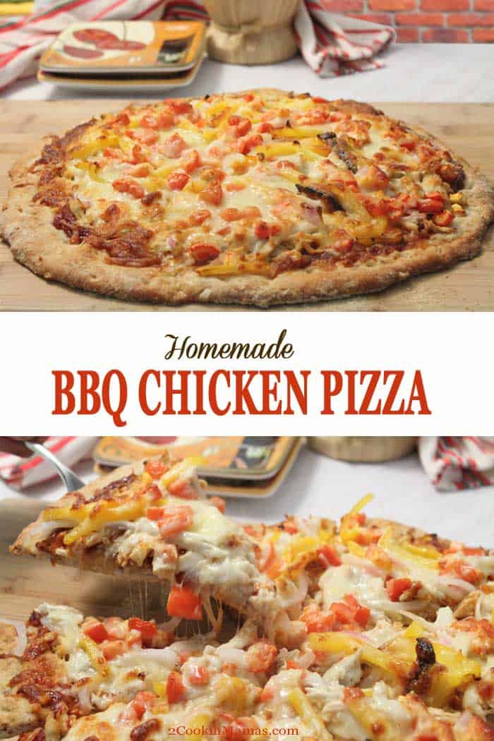 Homemade BBQ Chicken Pizza | 2 Cookin Mamas Homemade pizza is sooo easy & you can make it just the way you like it. Our BBQ Chicken Pizza is chock full of chicken, onions, cheese & your favorite BBQ sauce. #pizza #homemadepizza #bbqchicken #chicken #dinner #recipe