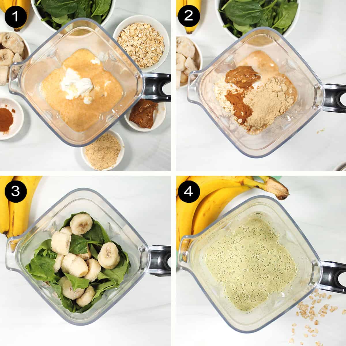 Steps to make a banana peanut butter banana smoothie.