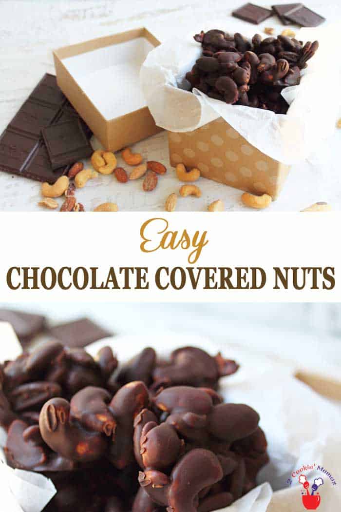 Easy Chocolate Covered Nuts | 2 Cookin Mamas Indulge in homemade chocolate covered nuts in just a little over an hour. Melt chocolate, stir in nuts, drop on cookie sheets & let set. That's it! #nuts #chocolate #snack #recipe #easyrecipe