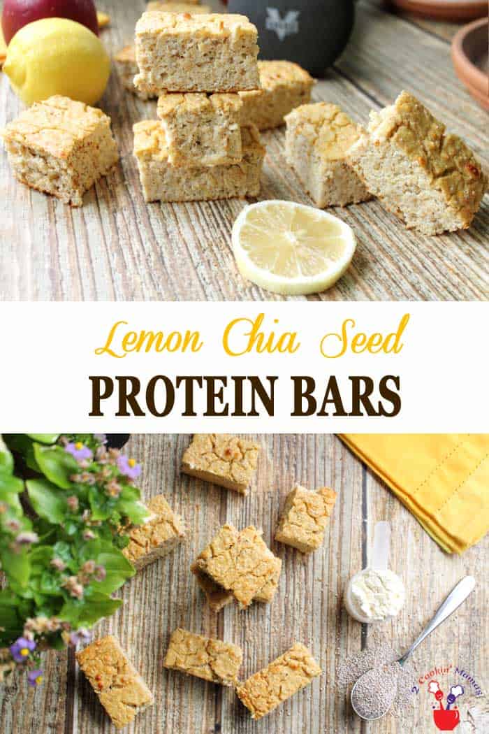 Lemon Chia Seed Protein Bars | 2 Cookin Mamas These easy to make lemon chia seed protein bars have plenty of delicious lemony taste minus the high fat and sugar. They taste like a moist & light cake but don't let that fool you - they're actually good for you! Have as a grab-n-go breakfast, a boost after your workout or a late afternoon pick-me-up. #proteinbars #lemon #chiaseeds #healthysnack