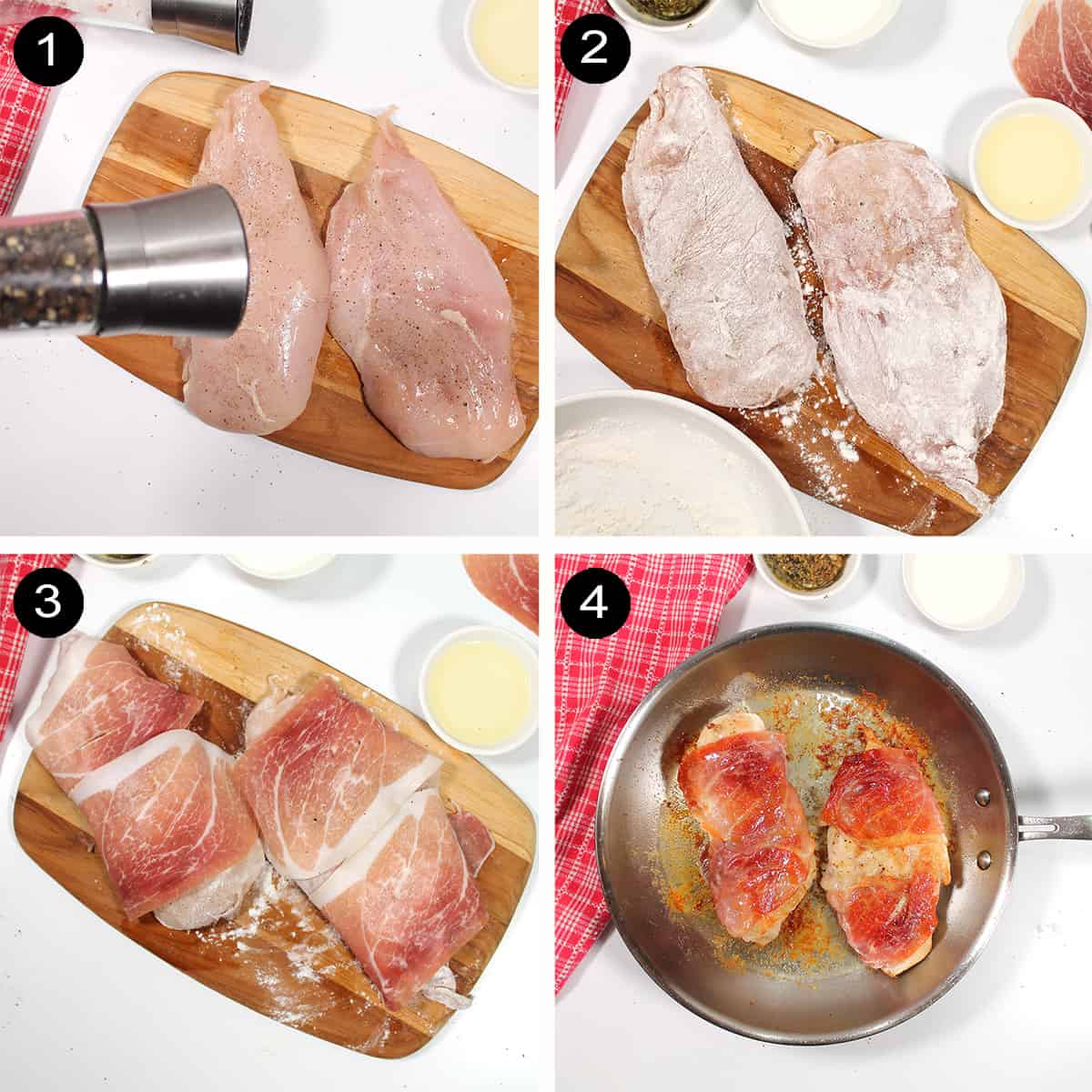 Steps 1-4 to prepare chicken wrapped with prosciutto.