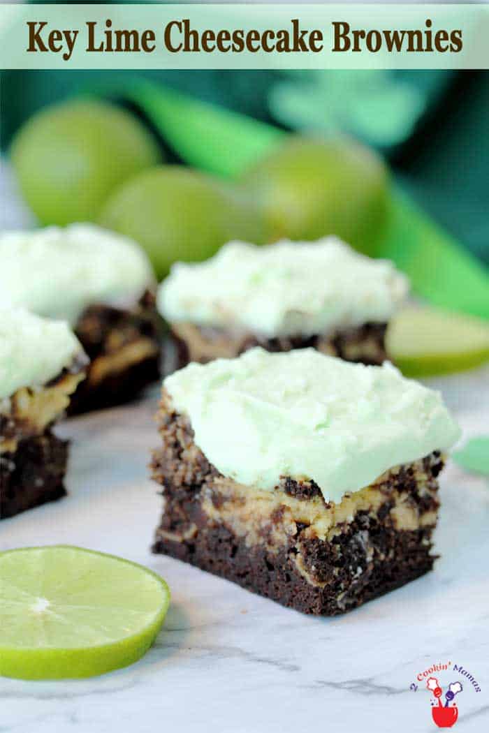 These deliciously fudgy, moist Key Lime Brownies are swirled with rich key lime cheesecake filling and topped with cream cheese frosting. What's not to love! #brownies #creamcheesefrosting #keylime