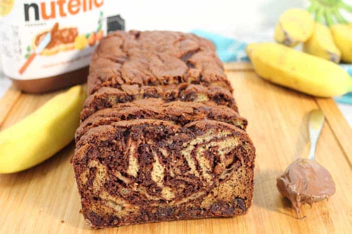 Nutella Banana Bread closeup sliced