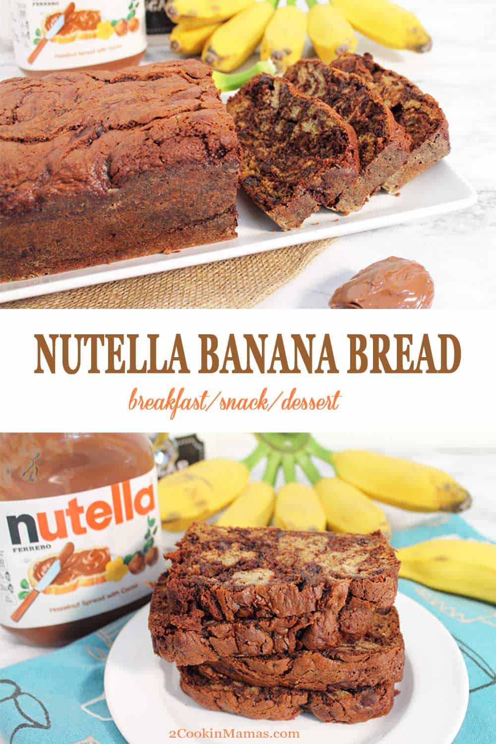 Nutella Banana Bread | 2 Cookin Mamas A sweet & delicious banana bread with a surprise inside - Nutella! This Nutella Banana Bread has all the moist and delicious taste of a banana bread with loads of everyone's favorite spread swirled throughout. Serve it as a special breakfast treat, a snack or top it with a chocolate glaze for a fabulous dessert.#bananabread #quickbread #bananas #nutella #breakfast #dessert #snack #recipe