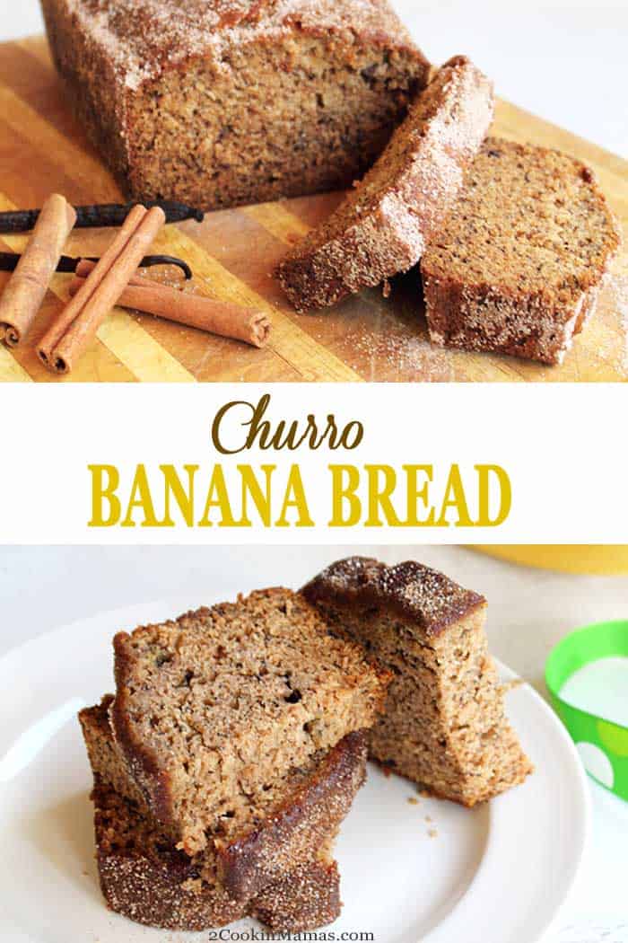 Churro Banana Bread | 2 Cookin Mamas Love banana bread? Love churros? Why not combine everything you love about both all in one deliciously easy Churro Banana Bread.  Moist banana bread is rolled in cinnamon sugar to bring the favorite flavor of churros right to your breakfast table. #bananabread #quickbread #churros #recipe #breakfast #bananas #cinnamon