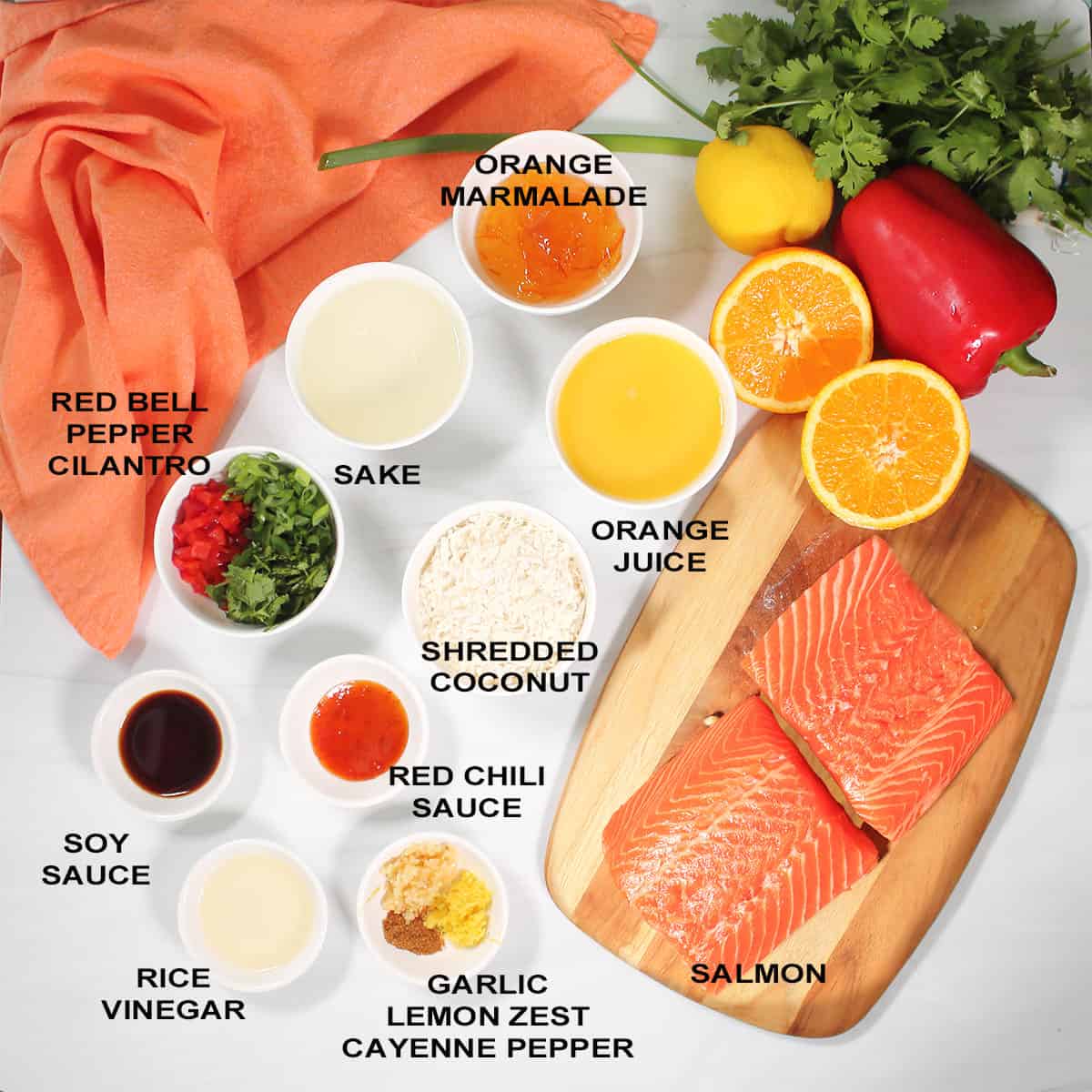 Labeled ingredients for orange salmon.