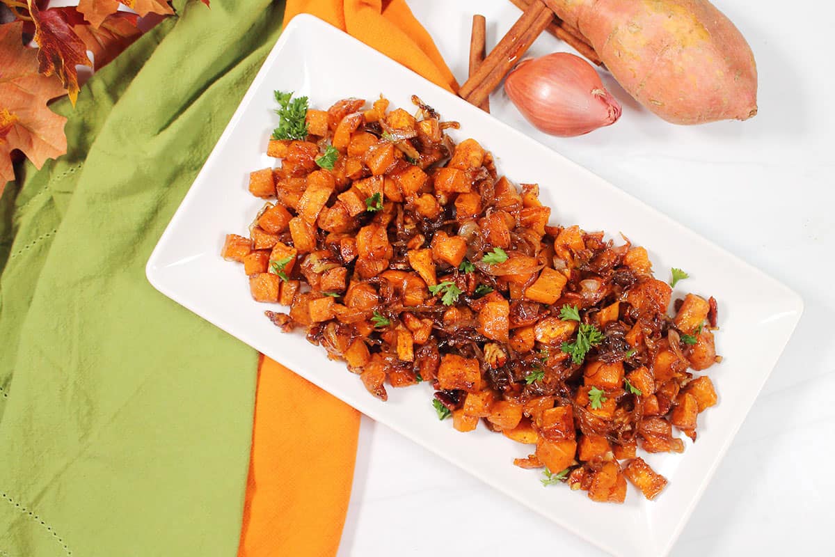Overhead of sweet potatoes on platter.