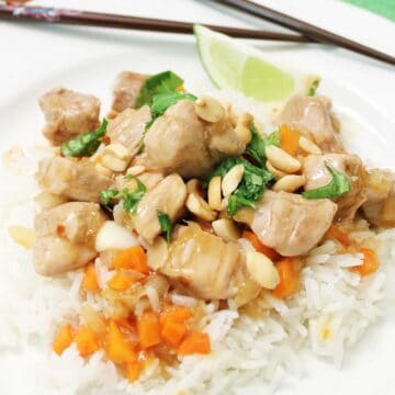 Closeup of stir fry on plate.