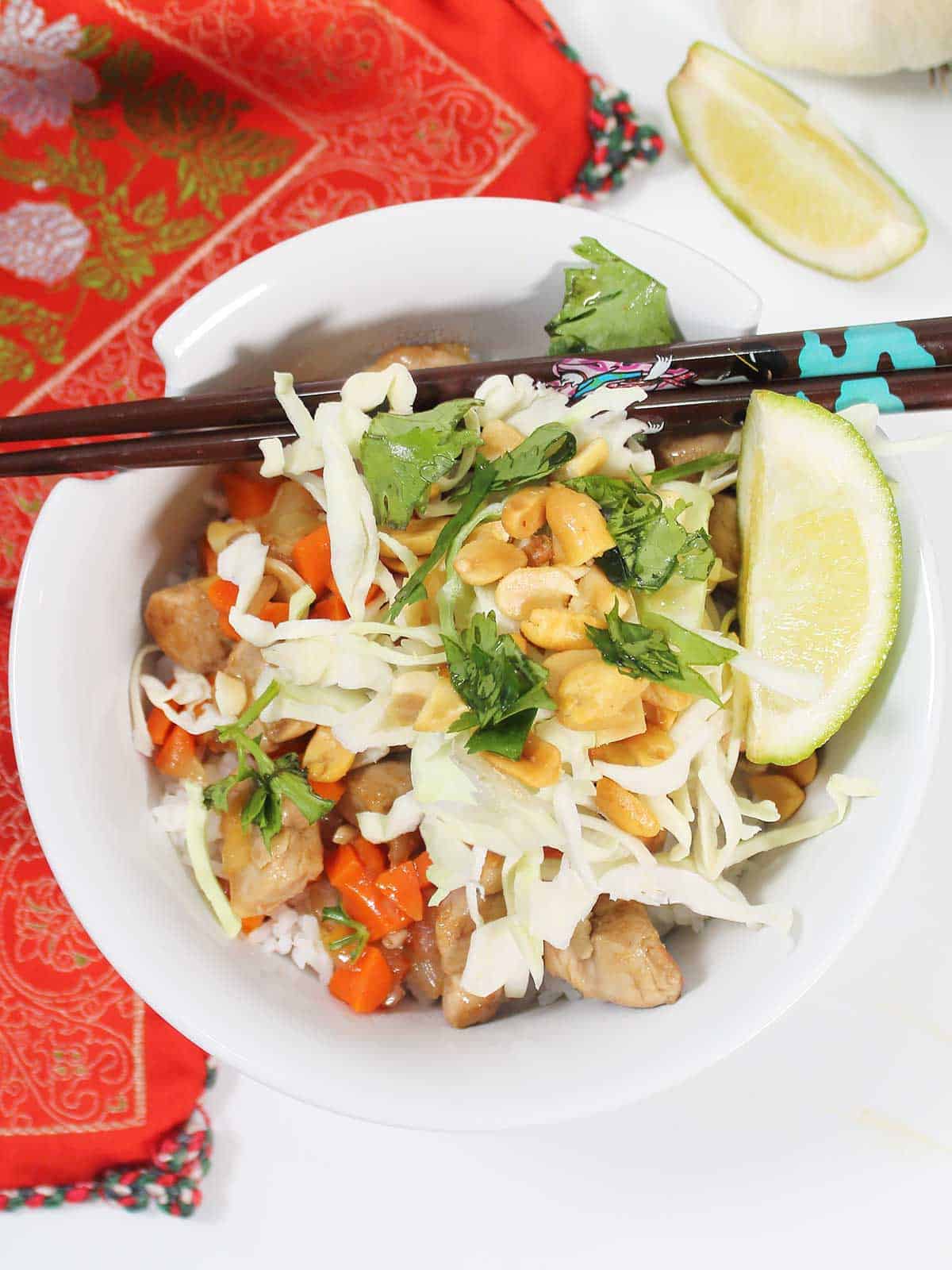 Overhead of easy pork stir fry in bowl.