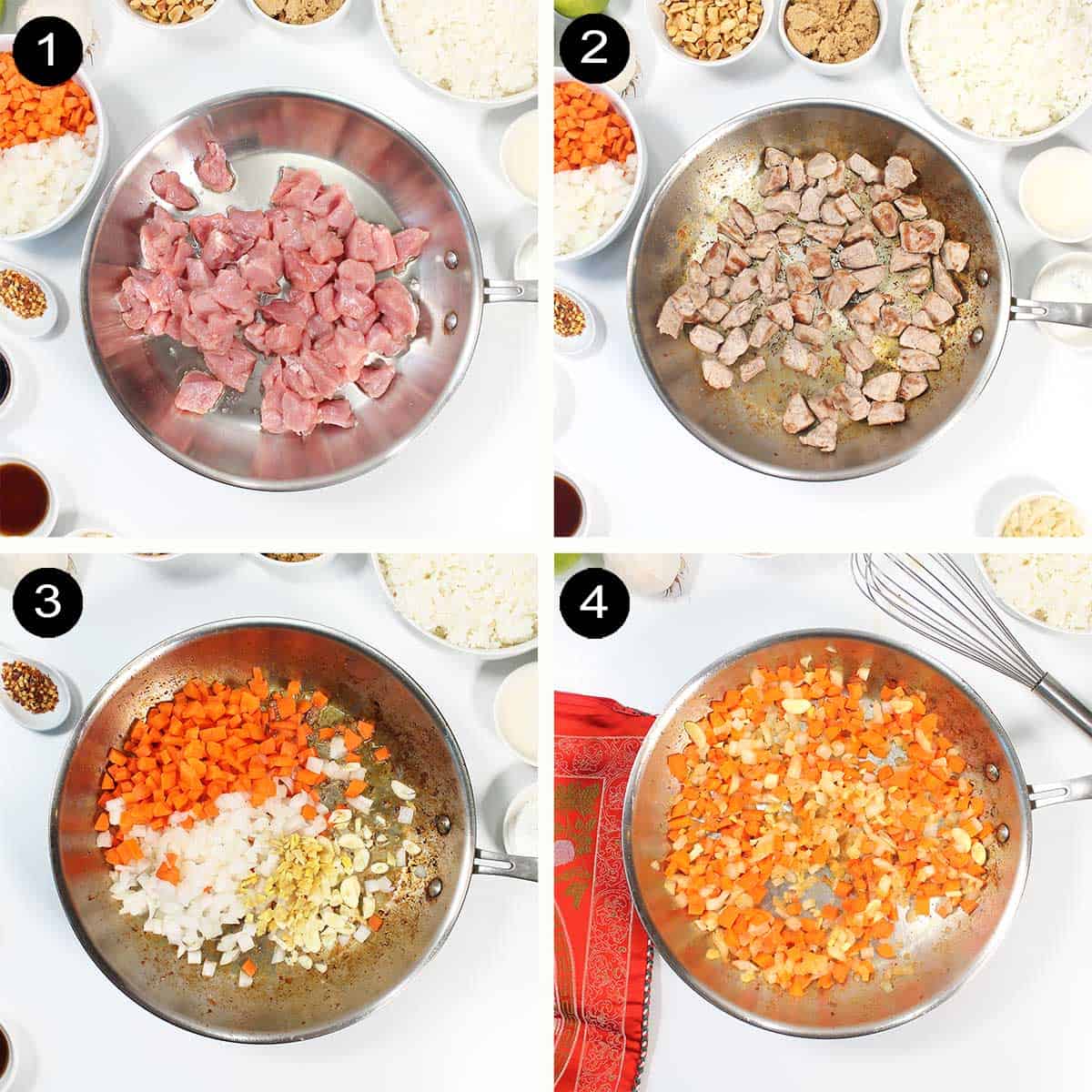 Steps 1-4 to make Asian pork stir fry.