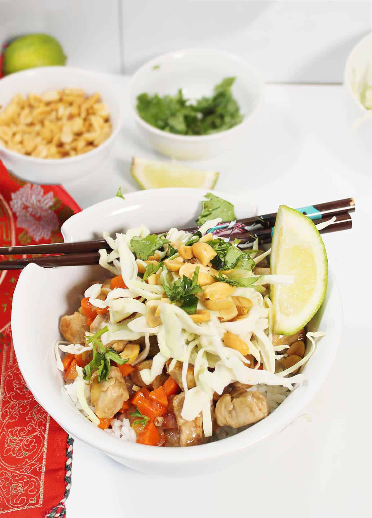 Pork Tenderloin Stir Fry with toppings in noodle bowl.