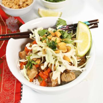 Pork Tenderloin Stir Fry over rice with peanuts.