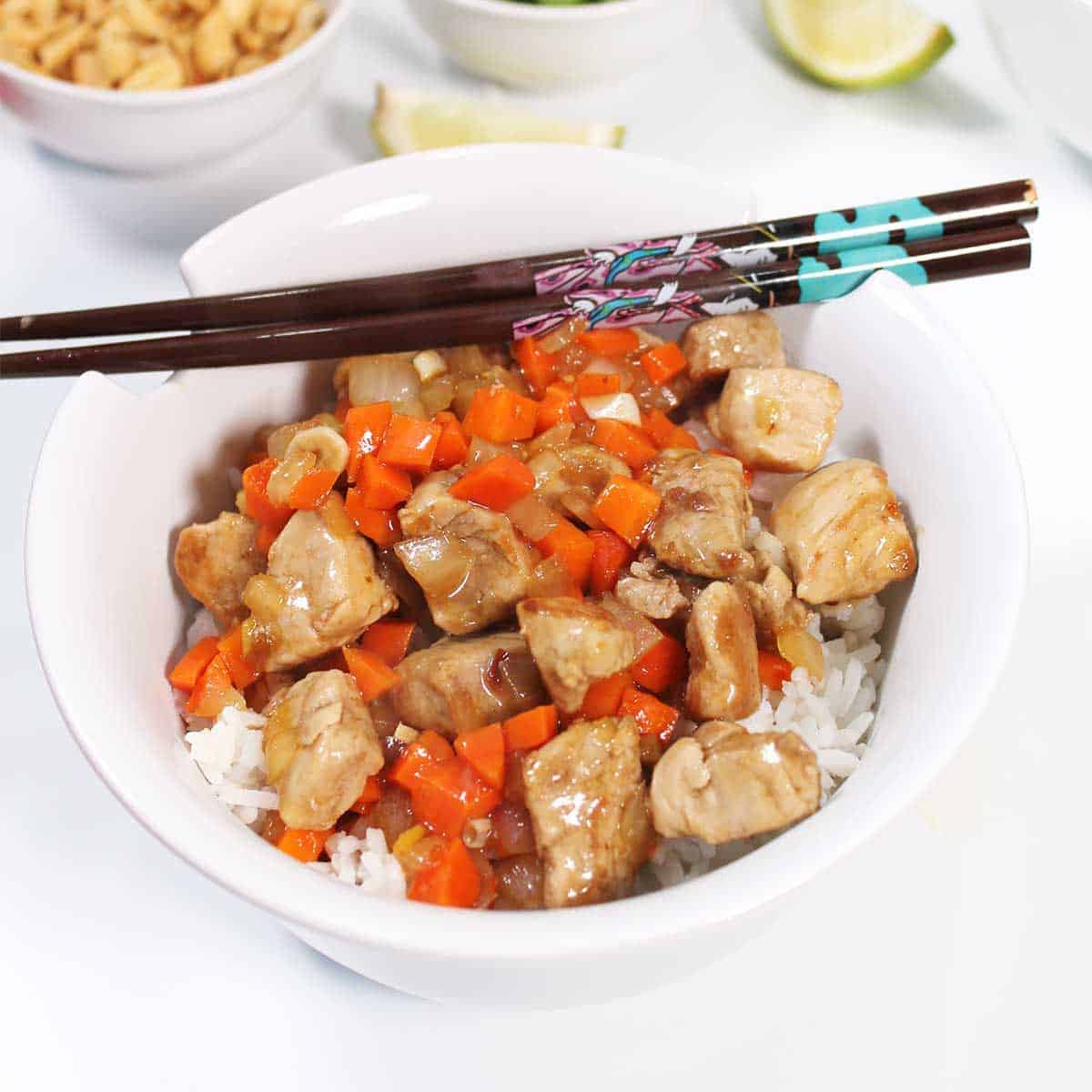 Stir Fry pork with no toppings in noodle bowl.