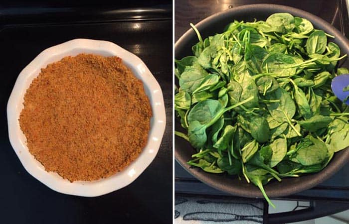 Quinoa crust baked and spinach in skillet.